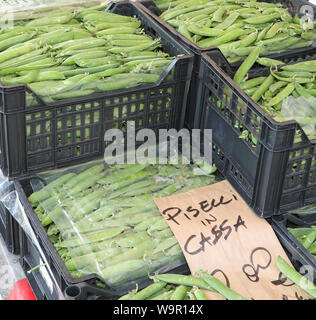 Boîtes de petits pois pour la vente au marché italien. Le texte signifie Peans en boîtes en langue italienne Banque D'Images