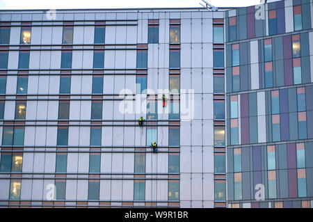 Nettoyage de vitres travaux en hauteur à l'aide d'accès sur corde au Queen Elizabeth Hospital de l'Université de Glasgow Banque D'Images