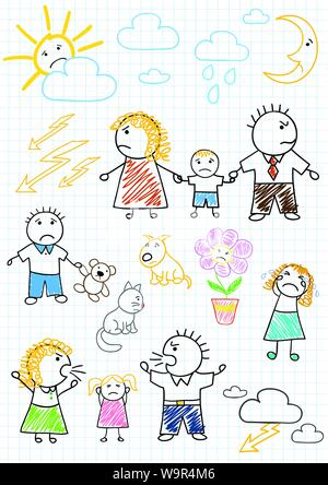 Les dessins vectoriels - les conflits au sein de la famille, les parents se quereller. Croquis sur la page de l'ordinateur portable Illustration de Vecteur