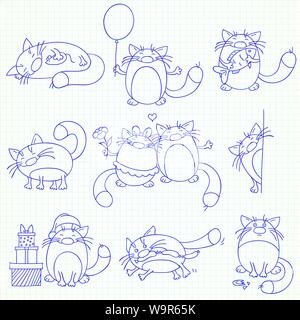 Collection de neuf chats funny cute en style doodle Illustration de Vecteur