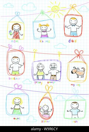 Portraits de famille heureuse. Croquis vecteur sur la page de l'ordinateur portable Illustration de Vecteur
