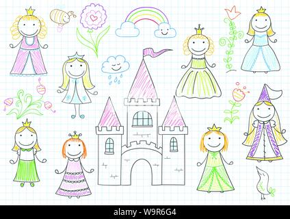 Collection de dessins vectoriels avec happy petites princesses et de fleurs. Croquis sur la page de l'ordinateur portable Illustration de Vecteur