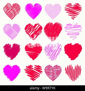 Vector collection de coeurs valentine griffonnés avec style à la main de couleur rose et rouge Illustration de Vecteur