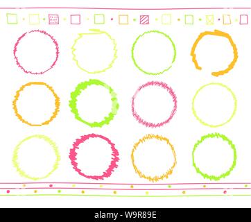Vector collection de cadres rétro ronde griffonnés avec style dessiné à la main du vert, orange, rose et rouge Illustration de Vecteur
