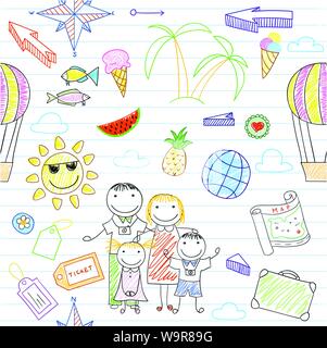 Fond transparent avec les voyageurs heureux en famille - mère, père et deux enfants . Croquis sur page du bloc-notes dans doodle style. Texture sans fin peut être utilisé pour Illustration de Vecteur