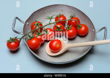 Tomaten dans Cherry-Tomaten Kirschtomaten Schale,,, Rispen-Tomaten, Tomaten suis Zweig, Solanum lycopersicum Banque D'Images