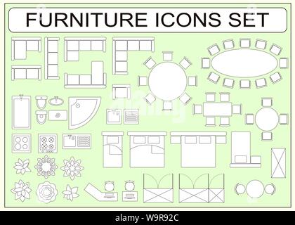 Ensemble de meubles simples icônes vectorielles comme éléments de design - canapé, table, bureau informatique, évier, baignoire, toilettes, cuisinière, armoire, lit, chaise, lave-mach Illustration de Vecteur