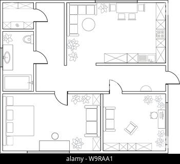 Abstract vector plan d'appartement d'une chambre, avec cuisine, salle de bains, buanderie, chambre, salon, salle à manger Illustration de Vecteur