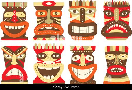 Collection de masque tribal tiki. Set pour le scrapbooking. Modèle vectoriel masque pour l'accueil, les décorations, les félicitations en rétro vert, rouge, jaune et Illustration de Vecteur