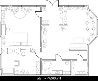 Abstract vector plan d'appartement d'une chambre, avec cuisine, salle de bains, buanderie, chambre, salon, salle à manger Illustration de Vecteur