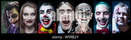 Personnages mystiques dans nightly creative collage. Concept de l'horreur, le temps d'Halloween. Vampire dangereux, mad monstres. Sorcières, démons, meurtriers. La tradition de célébrer l'automne. All Hallows' Eve. Banque D'Images