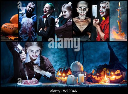 Personnages mystiques dans creative soirée collage constitué de différentes photos de 5 modèles. Concept d'horreur, de l'Halloween. Avec la bougie Pumpking indside. Sorcières, démons, meurtriers. La tradition de l'automne. Banque D'Images