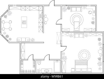 Abstract vector plan d'appartement d'une chambre, avec cuisine, salle de bains, chambre à coucher, salon, salle à manger, bibliothèque. Spe8 Illustration de Vecteur