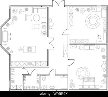 Abstract vector plan d'appartement d'une chambre, avec cuisine, salle de bains, chambre à coucher, salon, salle à manger, bibliothèque. Spe8 Illustration de Vecteur