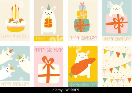 Collection de bannières anniversaire, l'arrière-plan, circulaire, placard avec mignon des lapins. Anniversaire poster set pour le scrapbooking. Carte de vœux pour le modèle vectoriel, Illustration de Vecteur
