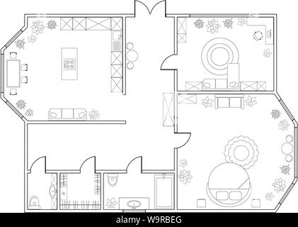 Abstract vector plan d'appartement d'une chambre, avec cuisine, salle de bains, chambre à coucher, salon, salle à manger, bibliothèque. Spe8 Illustration de Vecteur