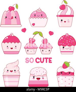 Vector set de vanille, de bleuet, de cassis, gelée de fraises, de la crème glacée, les guimauves, cupcake avec berry. Dans le style kawaii avec des visages souriants, rose che Illustration de Vecteur