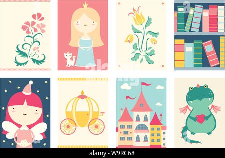 Ensemble de bannière, fond, flyer, affiche, sticker, affiche pour scrapbooking avec princesse mignon, chat, fleur, dragon, fée, coach, chambre. Modèle caractéristique du vecteur Illustration de Vecteur