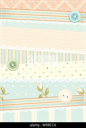 Contexte en vecteur rétro style shabby chic avec des boutons, des dentelles et des morceaux de tissu avec différents ornements. Peuvent être utilisés pour le scrapbooking vintage d Illustration de Vecteur