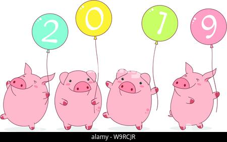 Joyeux Nouvel An chinois 2019 - année du cochon. Quatre mignons petits cochons en style kawaii avec des ballons. Spe8 Illustration de Vecteur