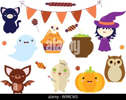 Jeu de caractères d'Halloween cute et ornements - sorcière, chat noir, Candy, drapeaux, citrouille, chauve-souris, witch's pot, gâteau avec un crâne en sucre, OWL, ghost, voodo Illustration de Vecteur