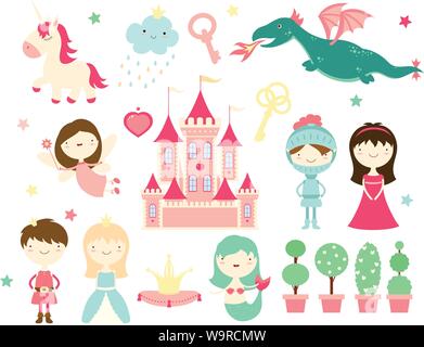 Vector collection de personnages de contes de fées mignon - prince, princesse, chevalier, sirène, licorne, dragon, fée, château. Dans des couleurs pastel. Spe8 Illustration de Vecteur