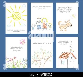 Ensemble de bannière, fond, circulaire, placard avec les enfants sketch dans doodle style. Collection d'affiche et un autocollant pour scrapbooking. Carte template vecteur fo Illustration de Vecteur