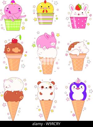 Vector set de glace en forme d'animaux - crème vanille, chocolat, fraise. Dans le style kawaii avec des visages souriants, joues roses et avec un clin d'yeux. Chat, lapin, Illustration de Vecteur