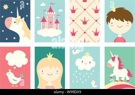 Collection de bannière, circulaire, placard avec princesse mignon, prince, oiseau, licorne, château. Ensemble d'affiches pour le scrapbooking. Carte de vœux pour le modèle vectoriel Illustration de Vecteur