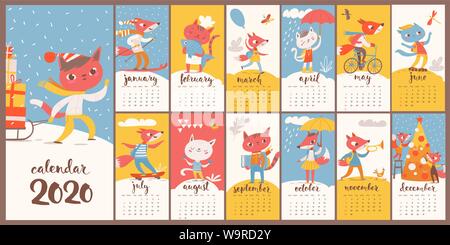 Vector cartoon 2020 drôle drôle de calendrier avec les renards et les chats. Illustration de Vecteur