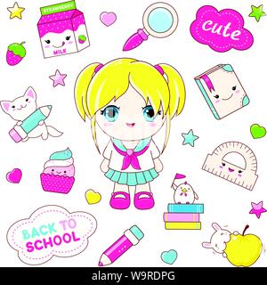 Retour à l'école. Vector set d'icônes de l'éducation style kawaii. Petite fille de l'école, cat, bunny, livre, crayon, règle, apple, l'emballage de lait, cupcake, c Illustration de Vecteur