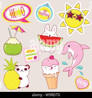 Ensemble d'icônes de style kawaii cute. Bunny des pastèques, panda avec de l'ananas, crème glacée, bonbons, lunettes de soleil, un autocollant avec l'inscription être heureux Illustration de Vecteur