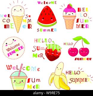 Bonjour l'été. Ensemble d'icônes d'été avec des fruits, des glaces et des inscriptions. Autocollant et la collecte d'étiquettes de scrapbooking. Modèle vectoriel fo Illustration de Vecteur