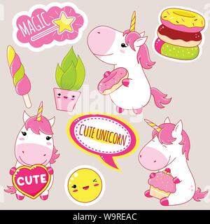 Ensemble de style kawaii cute dans les licornes. Avec Unicorn beigne et gâteau, plante en pot, baguette magique, un autocollant avec l'inscription magic, mignon unicors. Spe8 Illustration de Vecteur