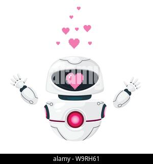 La lévitation moderne blanc mignon mains soulevées robot avec amour et coeur rose face plate vector illustration isolé sur fond blanc. Illustration de Vecteur