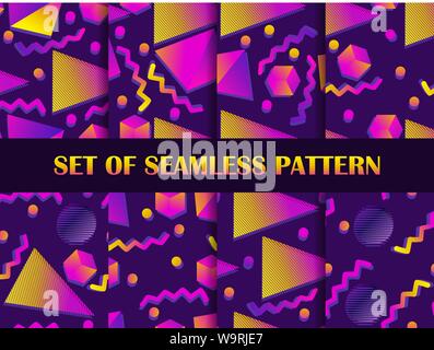 Seamless pattern set de Memphis. Les formes géométriques de gradient dans le style des années 80, isométriques. Vector illustration Illustration de Vecteur