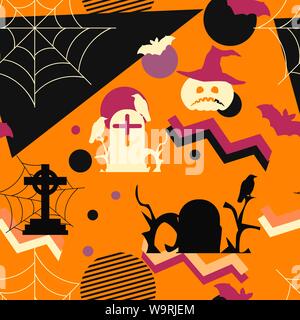 Modèle logique de l'Halloween à Memphis style, formes géométriques. Citrouilles effrayantes, pierres tombales, les chauves-souris et des corneilles. Vector illustration Illustration de Vecteur