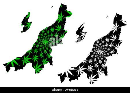 La Préfecture de Niigata (divisions administratives du Japon, préfectures du Japon) La carte est conçue de feuilles de cannabis vert et noir, carte de mariju Niigata Illustration de Vecteur