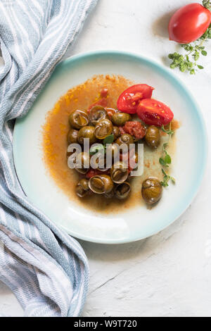 De délicieux escargots des Pouilles appelé munaceddi avec sauce tomate, l'origan sur un fond clair, Close up, vertical image Banque D'Images