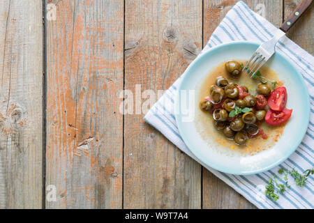 De délicieux escargots des Pouilles appelé munaceddi avec sauce tomate, l'origan sur un fond de bois, Close up et copy space Banque D'Images