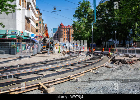 Voies de tramway en construction dans le centre de Göteborg, en Suède, le 26 juillet 2019 Banque D'Images