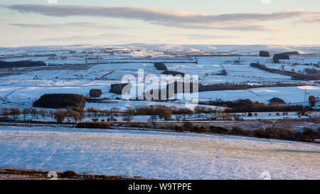 L'hiver la neige recouvre les champs et les terres hautes de la Tyne Valley et North Pennines, vue de l'une fois brassé dans le Northumberland. Banque D'Images