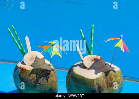 Cocktail de noix de coco fraîche deux cocotiers sur fond bleu avec des parasols. Banque D'Images