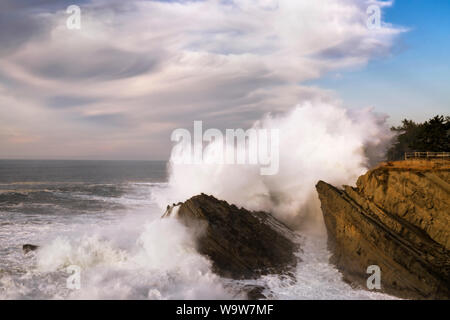 Vague massive explose contre les falaises de grès du Shore Acres State Park sur la côte sud de l'Oregon. Banque D'Images