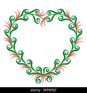 Cadre en forme de cœur, de style rustique de pays. Ornement motif vert et rouge avec grâce et s'épanouit en spirale romantique. Banque D'Images