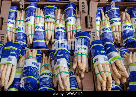 Boîtes avec des bouquets d'asperges sur l'affichage à l'extérieur du marché du samedi matin à Dieppe, Normandie, France. Banque D'Images