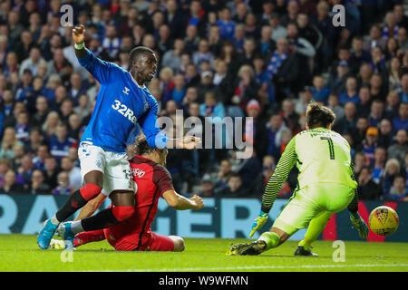 Glasgow, Royaume-Uni. Août 15, 2019. Le troisième tour de qualification de l'UEFA Europa League 2019-2020 entre les Glasgow Rangers et le FC Midtjylland a été joué à Ibrox stadium, Glasgow le terrain du Rangers qui vont dans cette ronde avec un 4 -2 du plomb. Rangers a remporté 3 -1 d'aller jusqu'au tour suivant. Credit : Findlay/Alamy Live News Banque D'Images