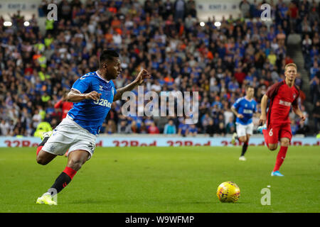 Glasgow, Royaume-Uni. Août 15, 2019. Le troisième tour de qualification de l'UEFA Europa League 2019-2020 entre les Glasgow Rangers et le FC Midtjylland a été joué à Ibrox stadium, Glasgow le terrain du Rangers qui vont dans cette ronde avec un 4 -2 du plomb. Rangers a remporté 3 -1 d'aller jusqu'au tour suivant. Credit : Findlay/Alamy Live News Banque D'Images