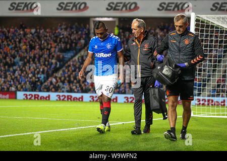 Glasgow, Royaume-Uni. Août 15, 2019. Le troisième tour de qualification de l'UEFA Europa League 2019-2020 entre les Glasgow Rangers et le FC Midtjylland a été joué à Ibrox stadium, Glasgow le terrain du Rangers qui vont dans cette ronde avec un 4 -2 du plomb. Rangers a remporté 3 -1 d'aller jusqu'au tour suivant. Credit : Findlay/Alamy Live News Banque D'Images