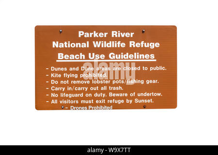 Parker River National Wildlife Refuge des lignes directrices d'utilisation Plage signer isolated on white Banque D'Images